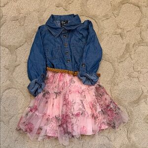Denim and Pink Floral Kids Casual Dress